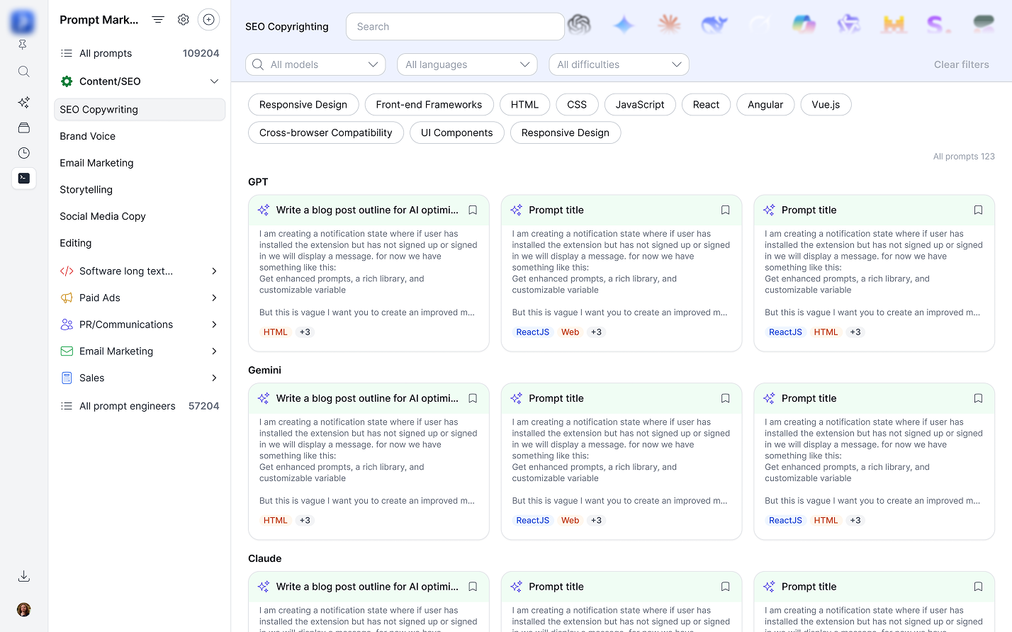 Prompt marketplace — category view